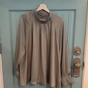 Sage Green Satin High-Neck Blouse with Gathered Front
